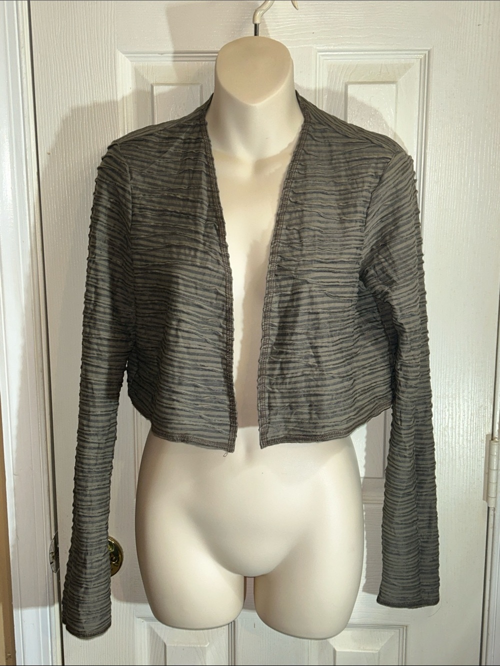 French Taupe Mini Ruffle Jersey Shrug Cropped Textured Jacket